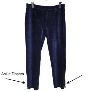 Susan Graver Womens Navy Blue Soft Corduroy Zipper Ankle Pants L Casual Lounge‎